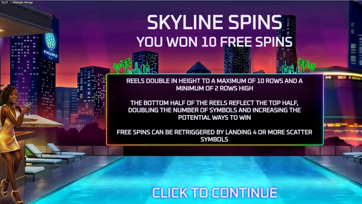 Interface do slot Midnight Mirage com luzes neon e temática de rooftop noturno